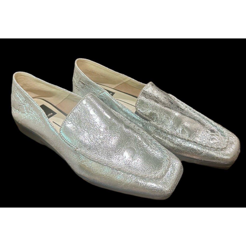 Dolce Vita Beny Loafer Women Silver Metallic Crinkle Square Toe Whipstitch Sz  6